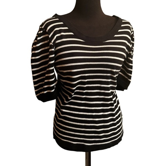 CURRENT AIR Classic Short Sleeve Sweater TOP IN BLACK WHITE STRIPE WOMEN EUC - Picture 8 of 12